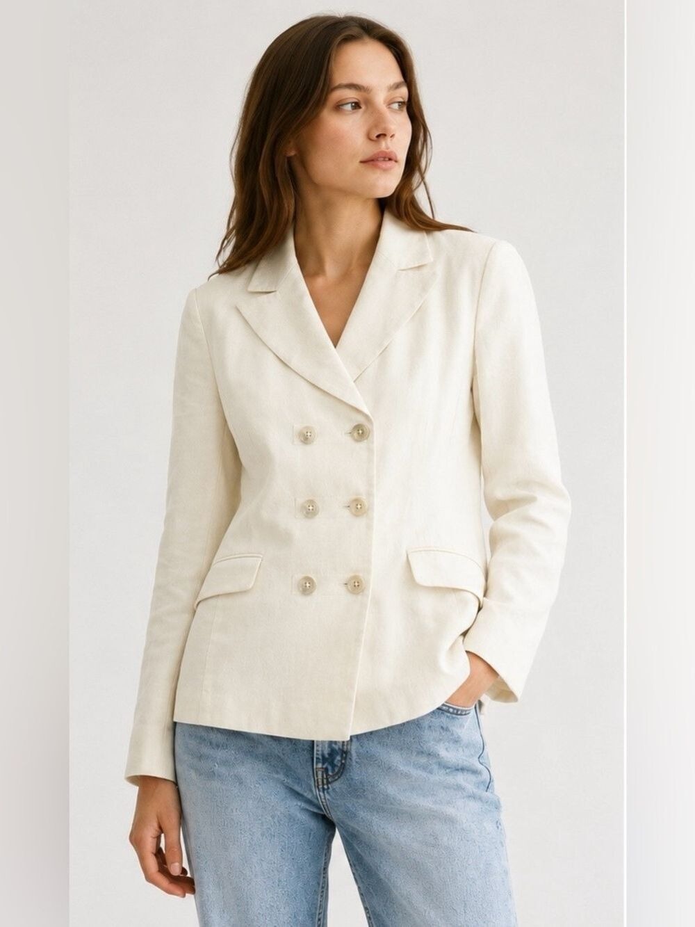 Vintage Sonia Bogner Off White Double Breasted Fully Lined Womens Blazer Size 36